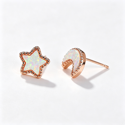 Women's Asymmetrical Star‑Moon Blue / White Opal Stud Earrings, with White Gold Plating / Rose Gold Plating