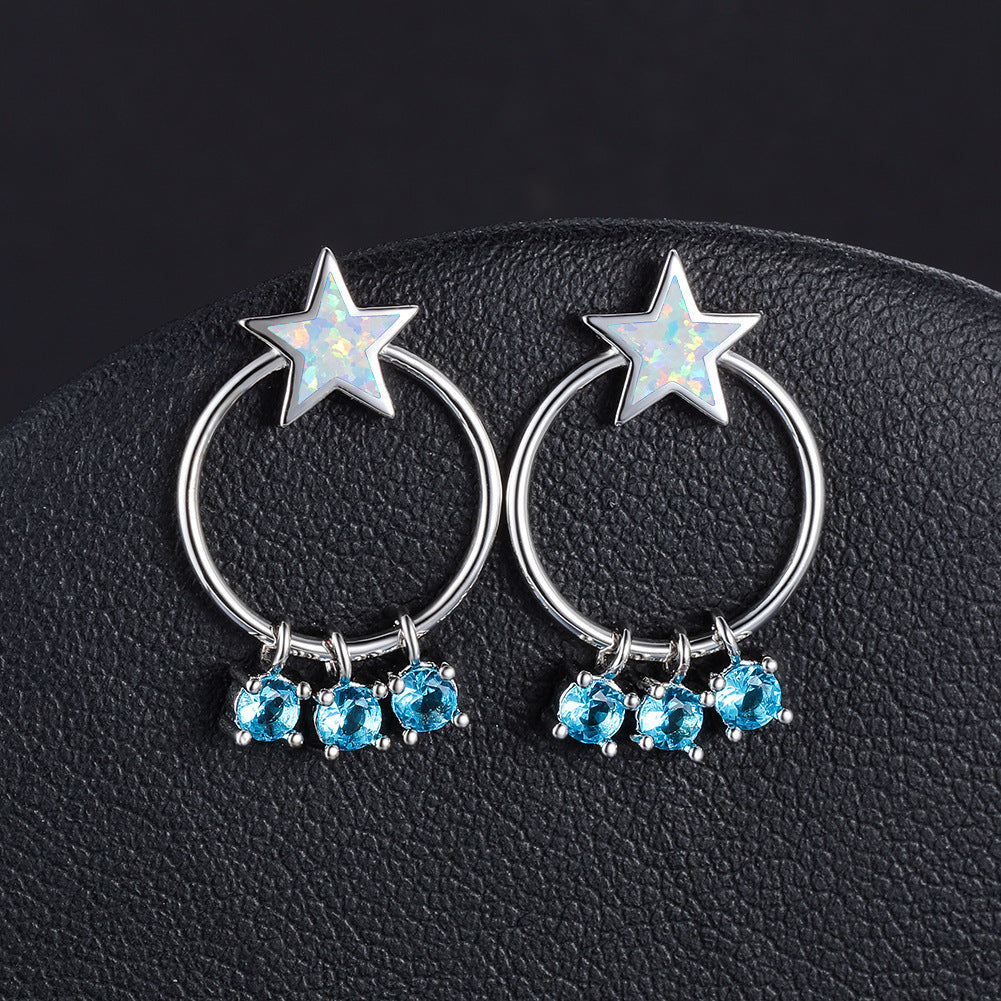 Women's Circle‑Hoop Star Blue & White Opal Dangle Zirconia Stud Earrings, White Gold Plating & Rose Gold Plating