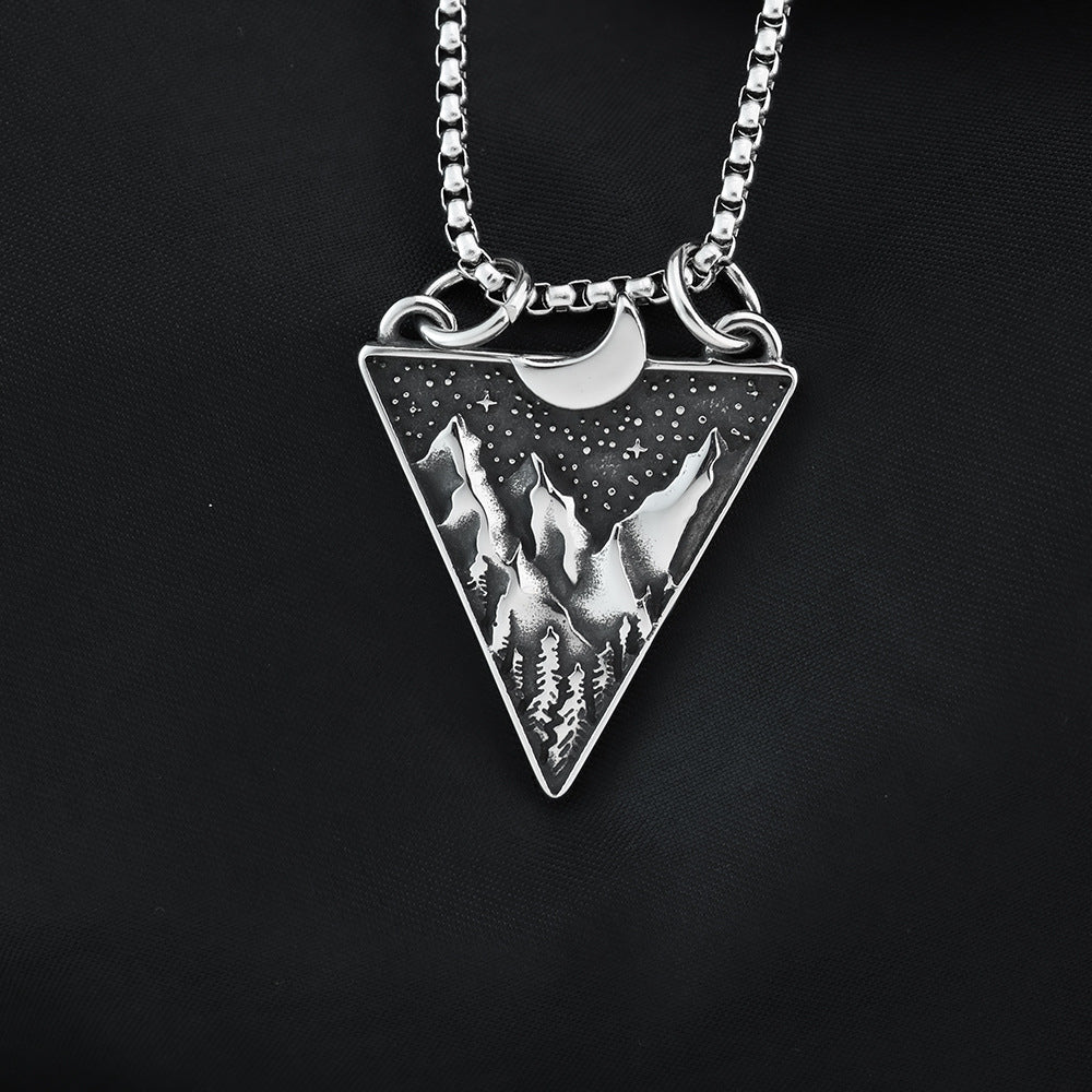 Mens Steel Triangle Mountain Moon Star Pendant Necklace