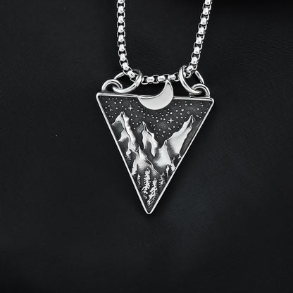 Mens Steel Triangle Mountain Moon Star Pendant Necklace