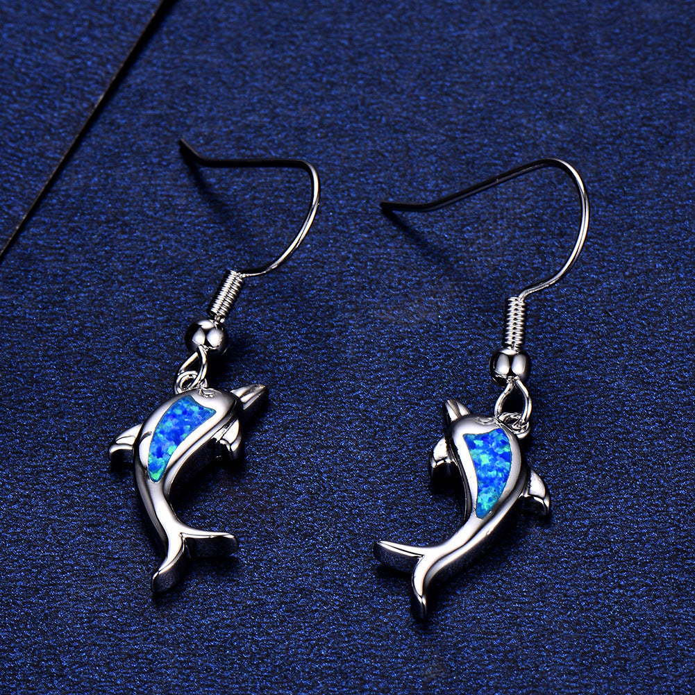 Women's Dolphin‑Shape Blue Opal Dangle Earrings, White Gold Plating