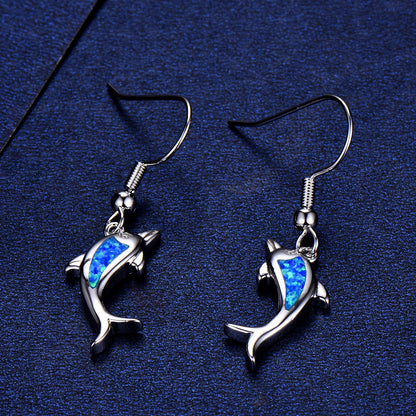Women's Dolphin‑Shape Blue Opal Dangle Earrings, White Gold Plating
