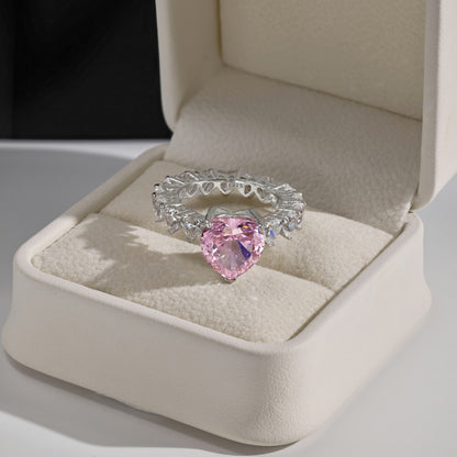 Women's Pink Heart Ice Flower Cut Zirconia Center Stone Inlaid Clear Heart Zirconia Paved Wedding Ring, S925 with White Gold Plating
