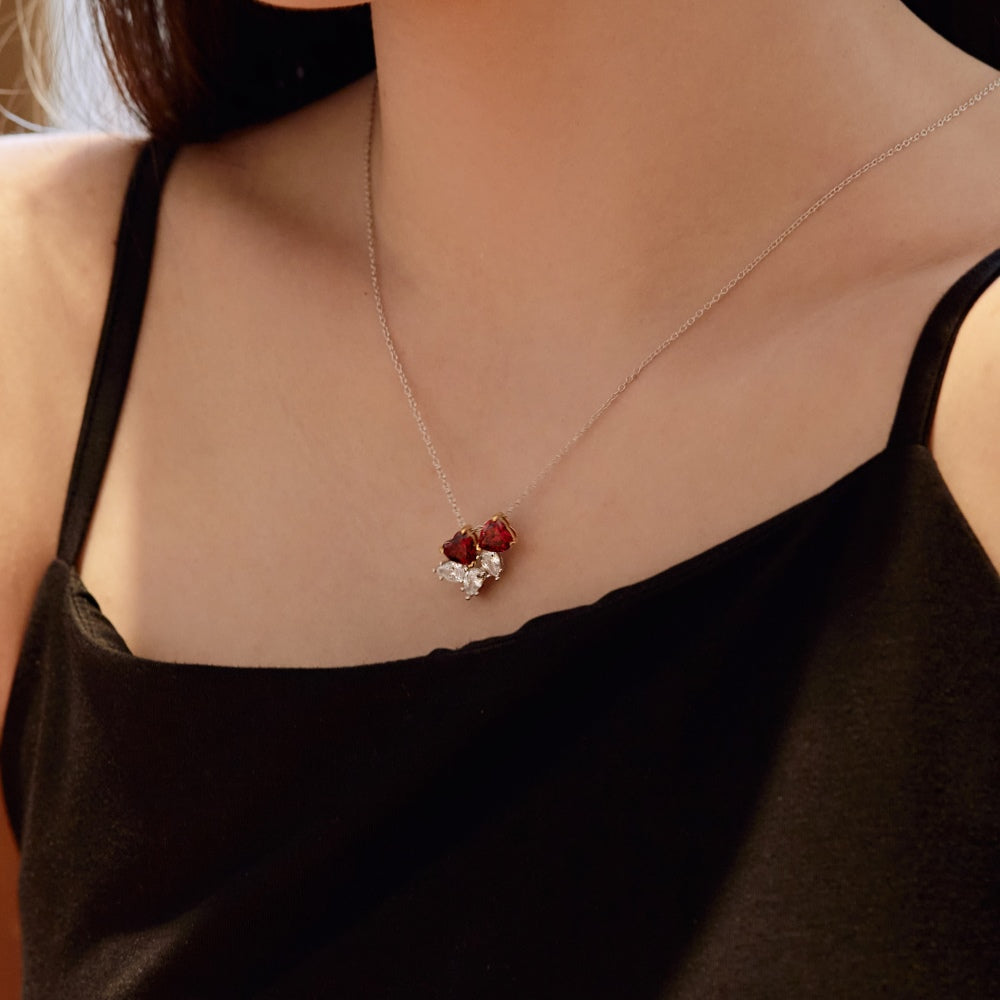 Women's Luxury Pendant Necklace, Pear Shape Colorless Zirconia & Heart Shape Red Zirconia Spliced Inlay, S925 with White Gold Plating
