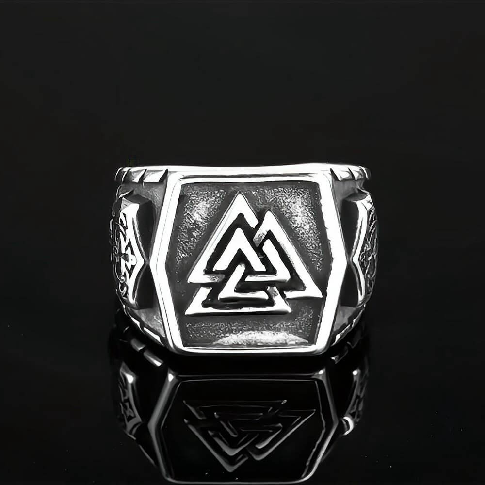 Vintage Antique Finish Stainless Steel Engraved Anchor Viking Triangle Symbol Hexagon Ring for Men