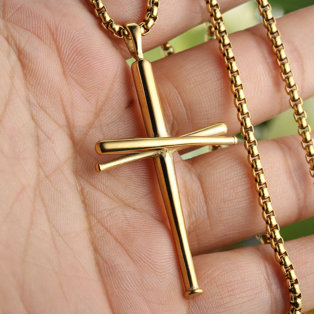 Men's Steel Baseball Bat Cross Pendant Necklace