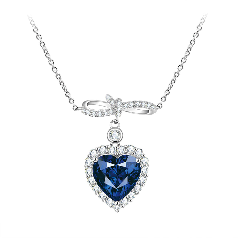 Women's Bow-knot Heart Blue Sapphire Pendant with Worldwide Setting Full Diamond
