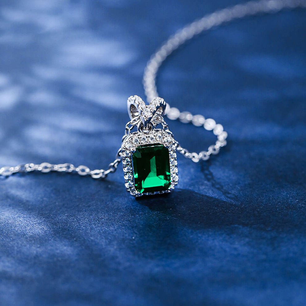 Women's Sterling Silver Rectangle Halo Emerald Pendant