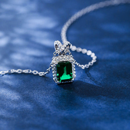 Women's Sterling Silver Rectangle Halo Emerald Pendant