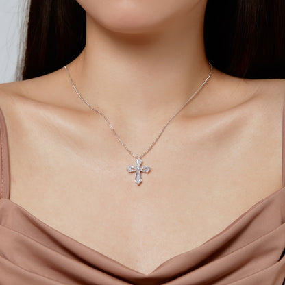 Women's Cross Pendant Necklace, Spliced Pentagon Clear Zirconia, S925 with White Gold Plating