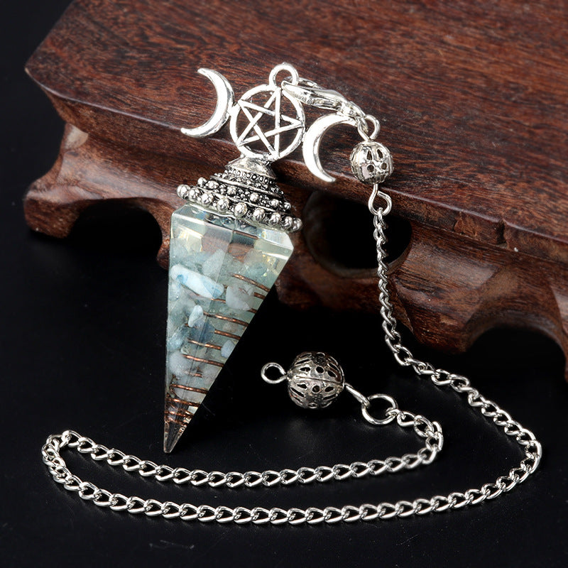 Three-phase moon seven-colored crushed stone resin crystal hexagonal pyramid spirit pendulum