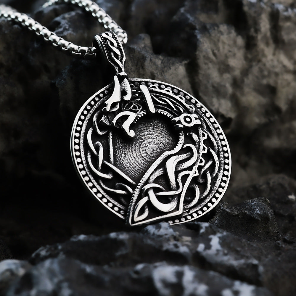 Men's Steel Celtic Dragon Round Pendant Necklace