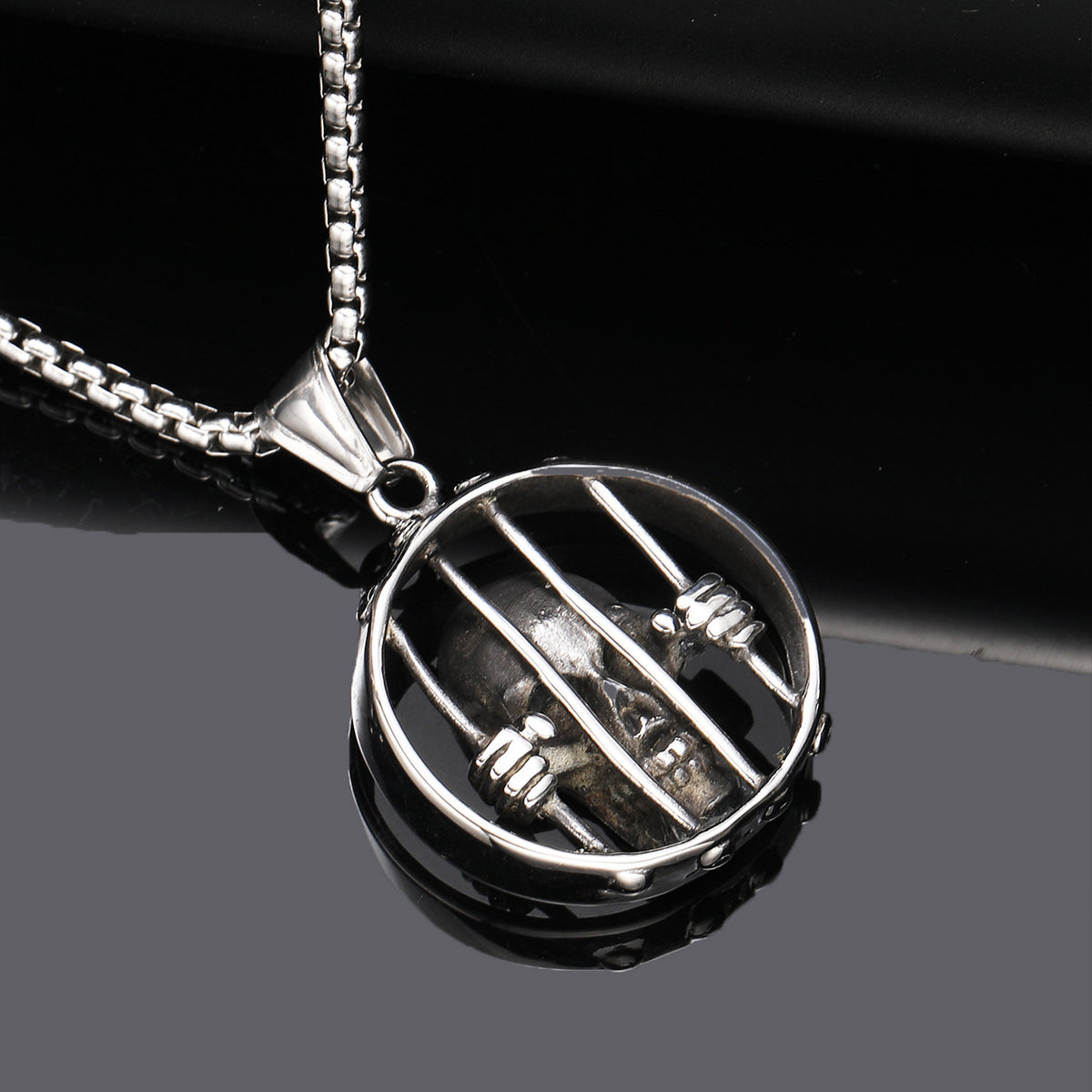 Men's Steel Prison Skull Round Pendant Necklace, Punk Street Jewelry