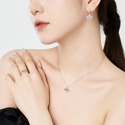 Women's Evil Eye Pendant Necklace, Round White Zirconia With Blue Accent, S925 with White Gold Plating