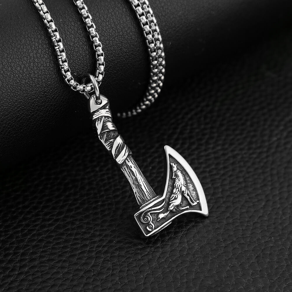 Men's Steel Viking Wolf Axe Pendant Necklace