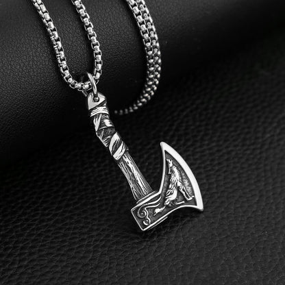Men's Steel Viking Wolf Axe Pendant Necklace