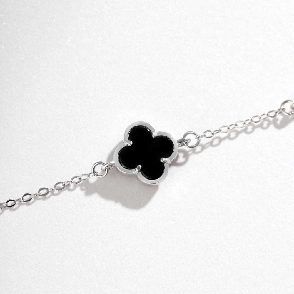 Women's Bracelet, Black Shell Inlaid Clover With Black Onyx & Zirconia, S925 with White Gold Plating