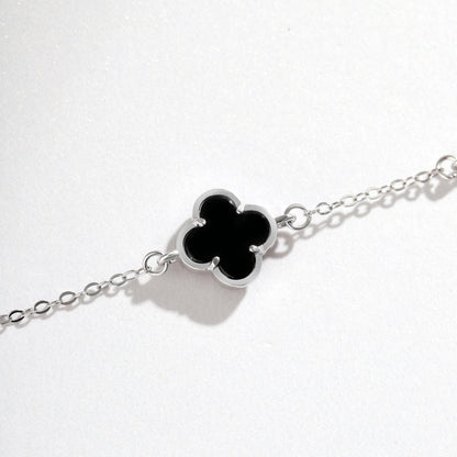 Women's Bracelet, Black Shell Inlaid Clover With Black Onyx & Zirconia, S925 with White Gold Plating