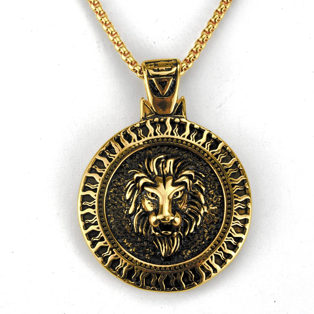 Men's Steel Lion Head Round Pendant Necklace