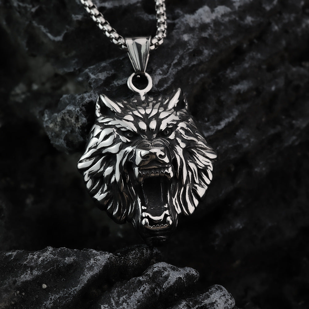 Men's Steel 3D Roaring Wolf Head Pendant Necklace