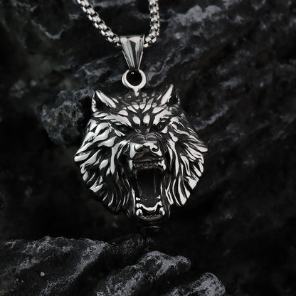 Men's Steel 3D Roaring Wolf Head Pendant Necklace