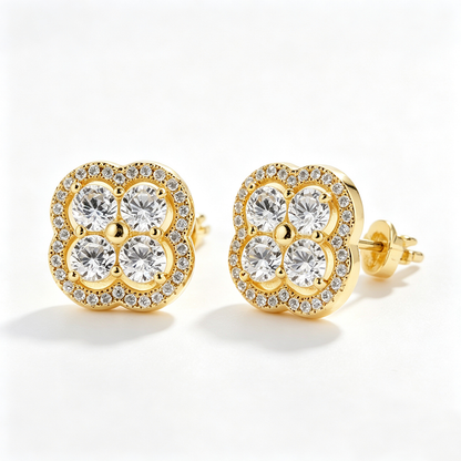 Women's Clover Halo Stud Earrings, Round Clear Zirconia, S925 with 18K Gold Plating