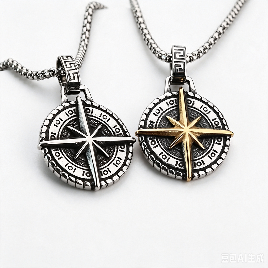 Vintage Stainless Steel Hexagram Compass Pendant Necklace for Men