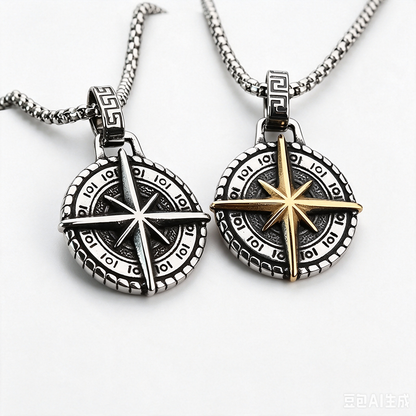 Vintage Stainless Steel Hexagram Compass Pendant Necklace for Men