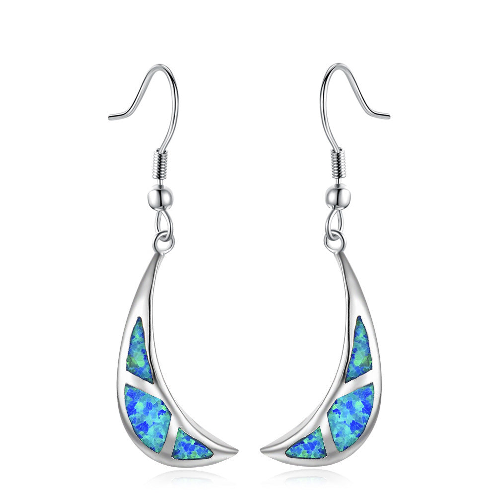 Women's Crescent‑Moon Mosaic Blue & White Opal Hook Dangle Earrings, White Gold Plating