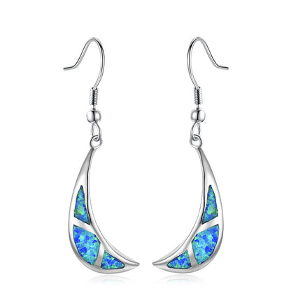 Women's Crescent‑Moon Mosaic Blue & White Opal Hook Dangle Earrings, White Gold Plating