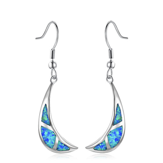 Women's Crescent‑Moon Mosaic Blue & White Opal Hook Dangle Earrings, White Gold Plating