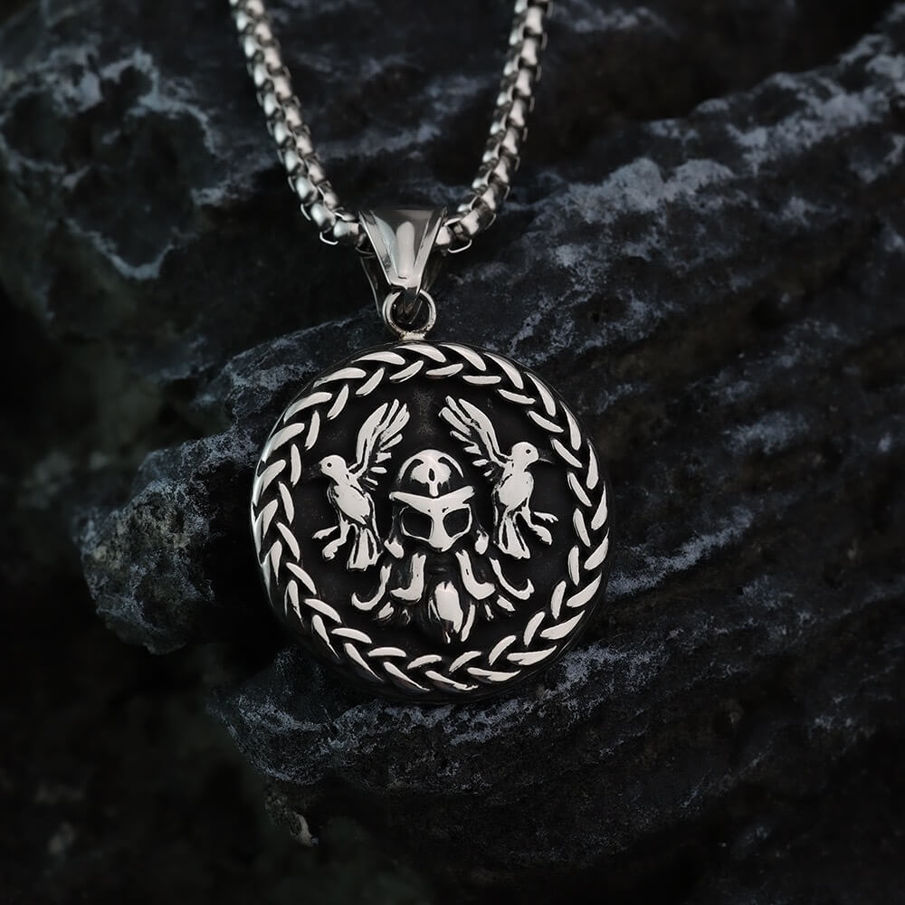 Vintage Nordic Stainless Steel Double Sided Viking Odin Huginn and Muninn Triangle Symbol Pendant Necklace for Men