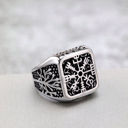 Vintage Nordic Solid Stainless Steel Tree of Life Compass Square Signet Ring for Men