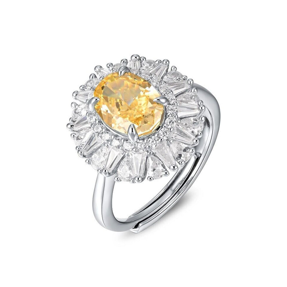 Women's White Gold Emerald Cut Stones Yellow Gem Halo Adjustable Ring