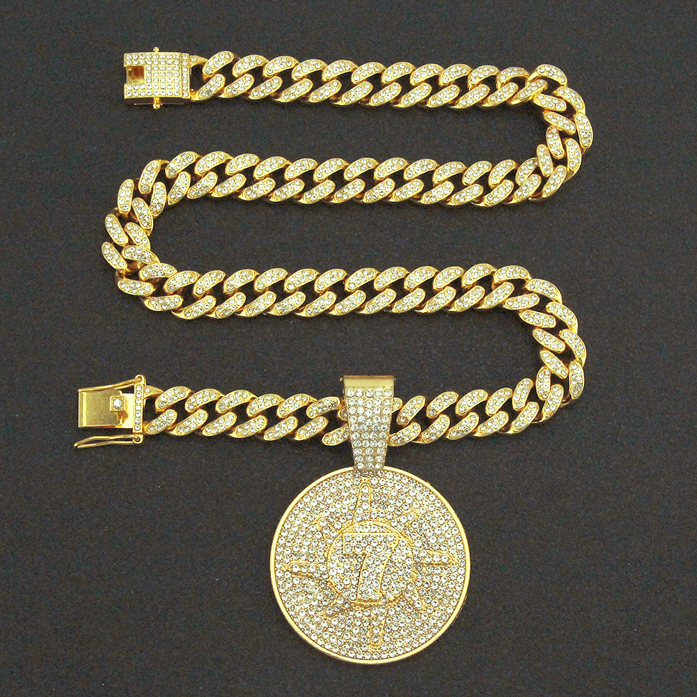 Hip-Hop 3D Zircon-Encrusted Number 7 Round Tag Cuban Chain Pendant Necklace