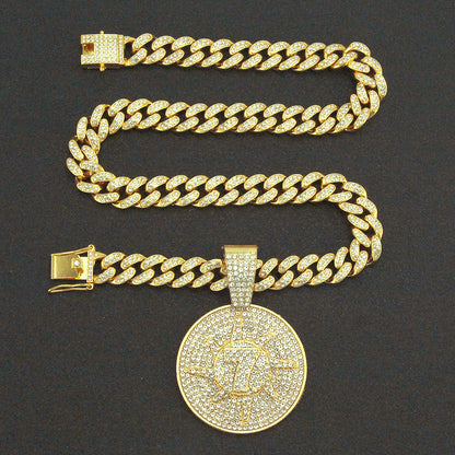 Hip-Hop 3D Zircon-Encrusted Number 7 Round Tag Cuban Chain Pendant Necklace
