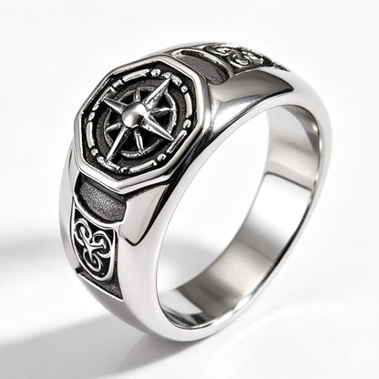 Men's Vintage Compass Six-Pointed Star Wide-Faced Ring