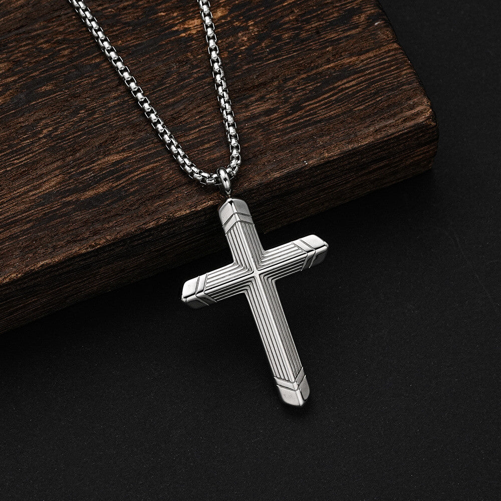 Vintage Stainless Steel Cross Striped Pendant Necklace for Men