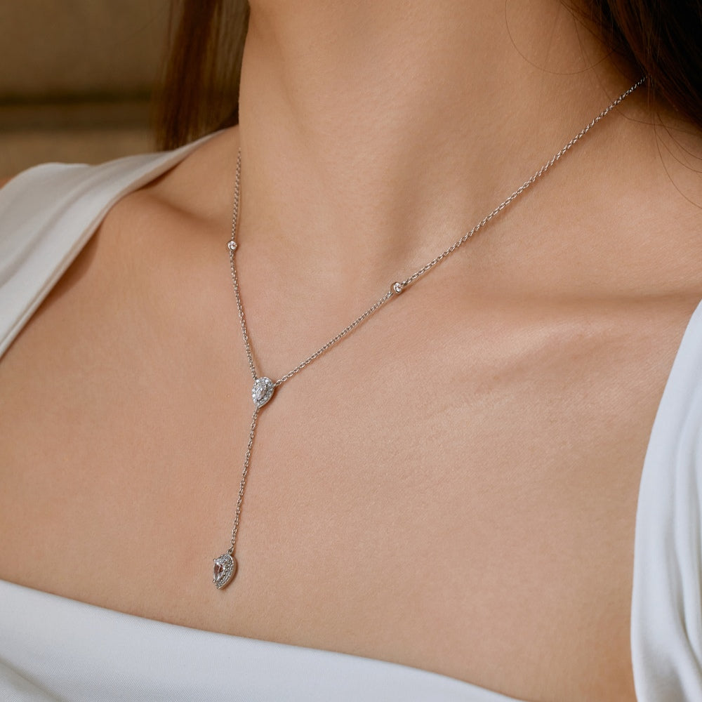 Women's Delicate Pendant Necklace, Pear Shape Zirconia & Round Zirconia Inlay, S925 with White Gold Plating