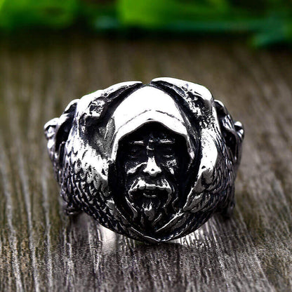Vintage Stainless Steel Biker Viking Odin Raven Wolf Head Ring for Men