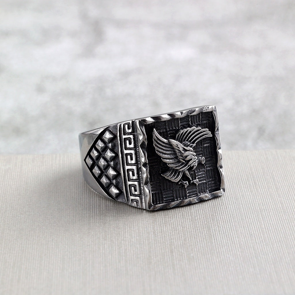 Vintage Solid Stainless Steel Eagle Embossed Square Signet Ring for Men