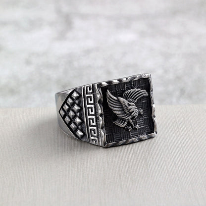 Vintage Solid Stainless Steel Eagle Embossed Square Signet Ring for Men