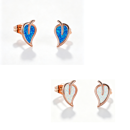Women's Leaf‑Shape Stud Earrings, Blue Opal / White Opal Inlay, Rose Gold Plating / White Gold Plating