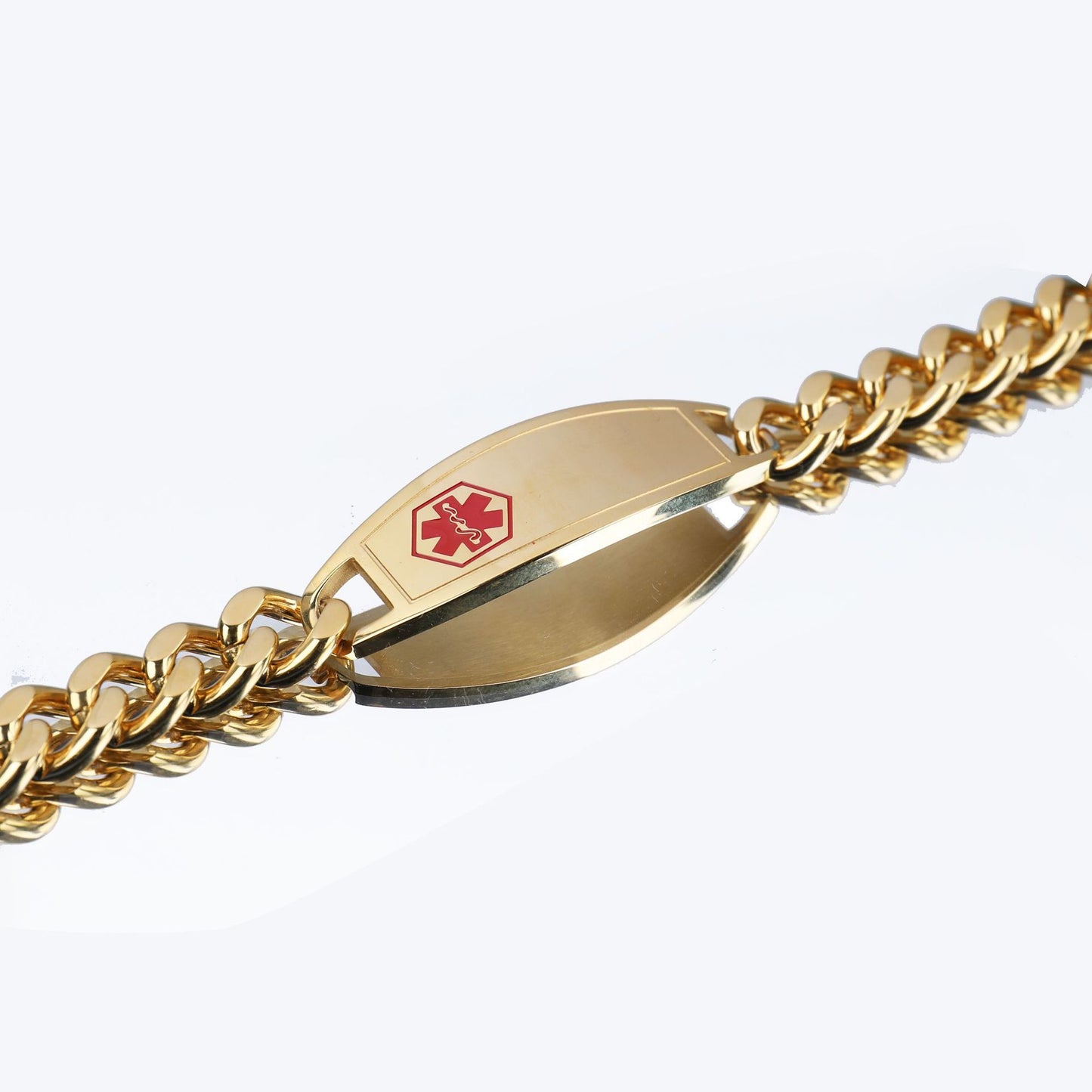 Men’s Gold Tone Stainless Steel Curved Medical Tag Bracelet, European American Fashion Wrist Jewelry
