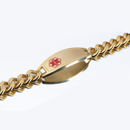 Men’s Gold Tone Stainless Steel Curved Medical Tag Bracelet, European American Fashion Wrist Jewelry