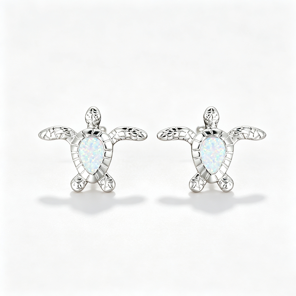 Women's Sea‑Turtle Stud Earrings With Teardrop Opal, with White Gold / Rose Gold Plating
