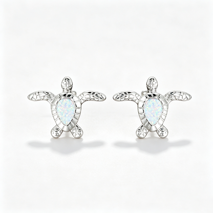 Women's Sea‑Turtle Stud Earrings With Teardrop Opal, with White Gold / Rose Gold Plating