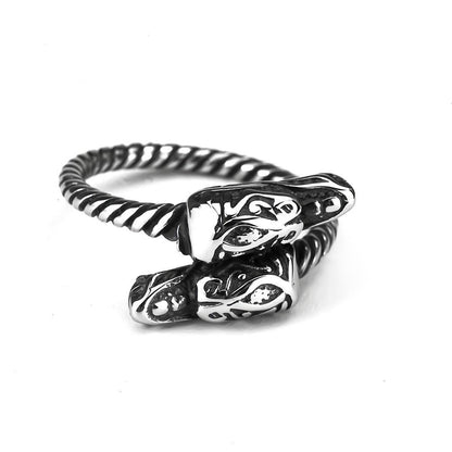 Vintage Solid Stainless Steel Twisted Band Norse Double Dragon Head Ring for Men