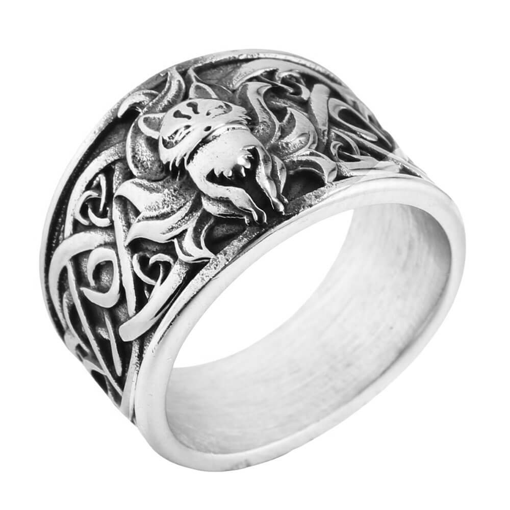Vintage Nordic Solid Stainless Steel Viking Nine-Tailed Fox Ring for Men