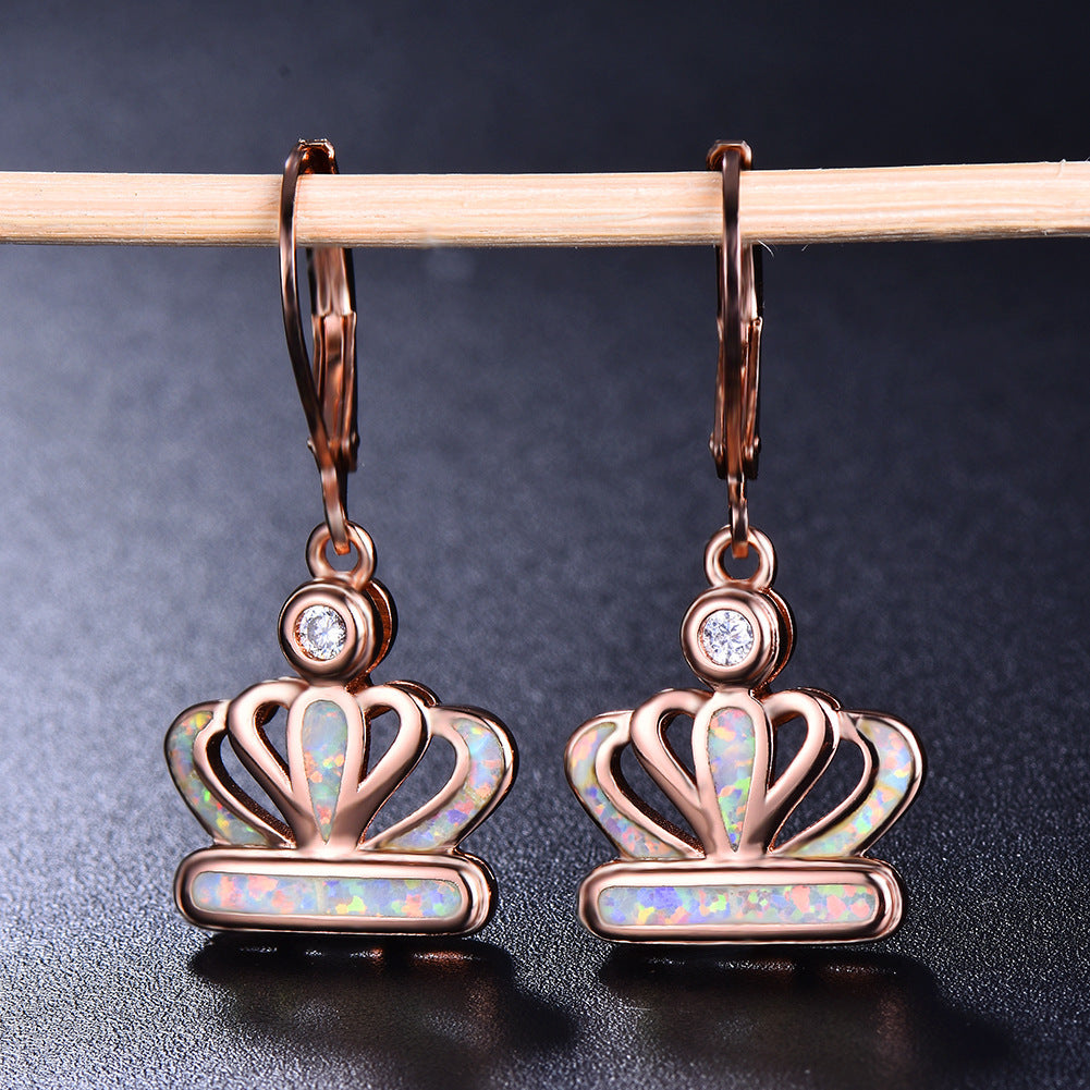 Women's Crown Blue Opal Zircon Dangle Earrings, Rose Gold Plating/White Gold Plating